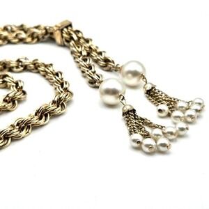 Thick Gold Tone Lariat Style Vintage Necklace with‎ Faux Pearl and Chain Tassels